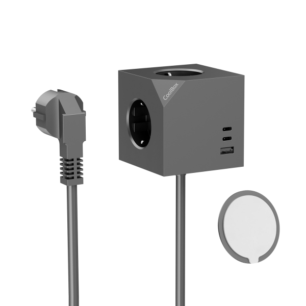 Coolbox Cubik Magnet Cubo Multienchufes de Sobremesa con 3 Tomas + 2x USB-C 20W max. - 1x USB-A 15W max. - Cable de 1,4m - Fijacion Magnetica - Color Gris