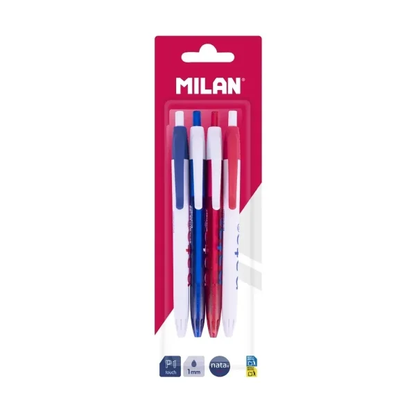 Milan P1 Nata® 624 Pack con 4 Boligrafos de Bola Retractiles - Punta Redonda 1mm - Tinta Color Azul - Cuerpos de Colores Surtidos