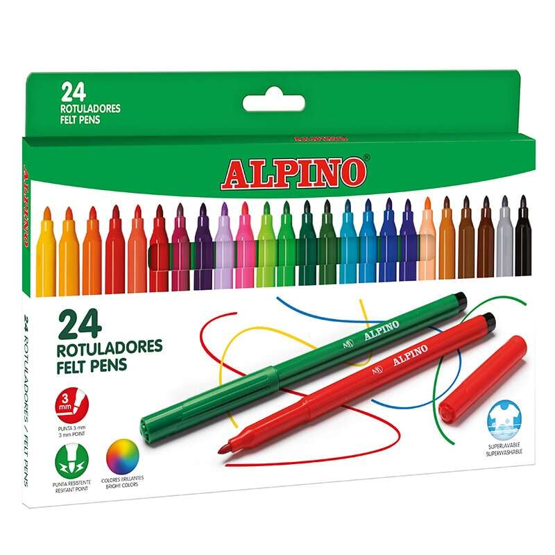 Alpino Pack con 24 Rotuladores de Colores - Punta de 3mm - Superlavables y Brillantes - Uso Escolar - Desarrolla la Creatividad - Colores Surtidos