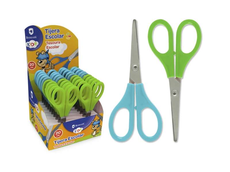 Bismark Kids Tijera Escolar 13cm - Mangos en Plastico - Punta Roma - Colores Azul y Verde · Pack de 20 uds.