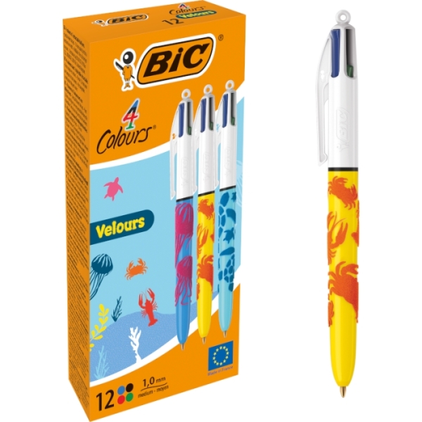Bic 4 Colours Velours Boligrafo de Bola Retractil - Punta Media de 1.0 mm - Tinta con Base de Aceite - Diseño Mar · Pack de 12 uds.