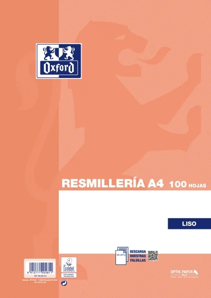 Oxford Resmilleria de 100 Hojas Lisas - Formato A4 - Tapa Blanda - sin Taladros - Color Naranja