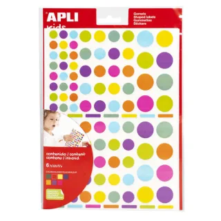 Apli Gomets Redondos Adhesivo Removible - Ø 10mm, Ø 14mm y Ø 20mm - 624 Gomets por Bolsa - Desarrollo de Habilidades y Creatividad - Adhesivo Base Agua - Libre de Disolventes - Colores Surti