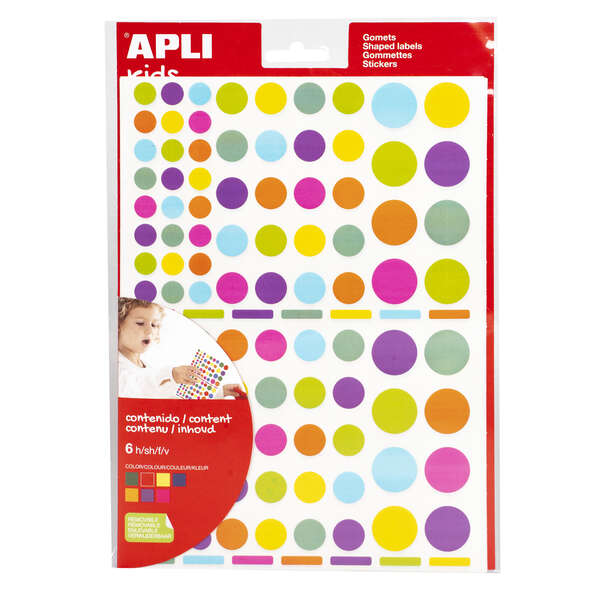 Apli Gomets Redondos Adhesivo Removible - Ø 10mm, Ø 14mm y Ø 20mm - 624 Gomets por Bolsa - Desarrollo de Habilidades y Creatividad - Adhesivo Base Agua - Libre de Disolventes - Colores Surti