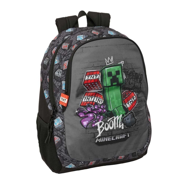 Safta Minecraft Graffiti Mochila - 23L - Adaptable a Carro - Espalda Acolchada - Portabotellas - Cremallera con Doble Tirador - Asa de Mano - Hombreras Ergonomicas - 32x44x16cm - Color Gris