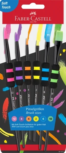 Faber-Castell Pack de 6 Pinceles Sinteticos de Diferentes Tamaños y Colores - Agarre Soft Touch - Color del Cuerpo Negro