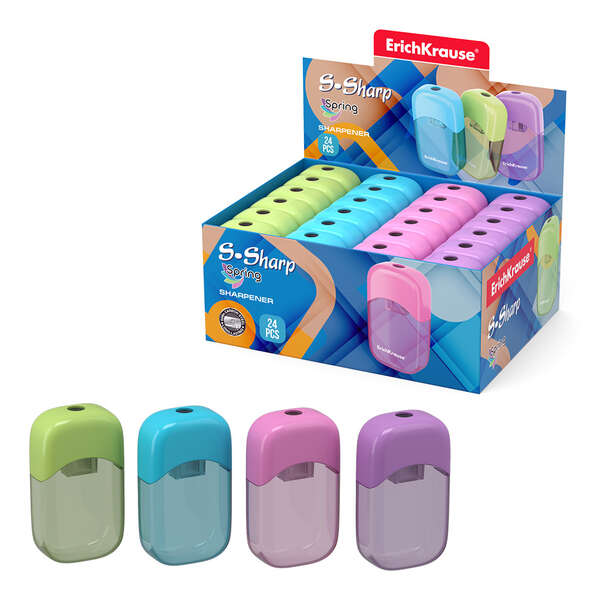 Erichkrause Sacapuntas S-Sharp con Contenedor - Diseño Ergonomico - Cuchilla de Acero Resistente - Color Surtido · Pack de 24 uds.