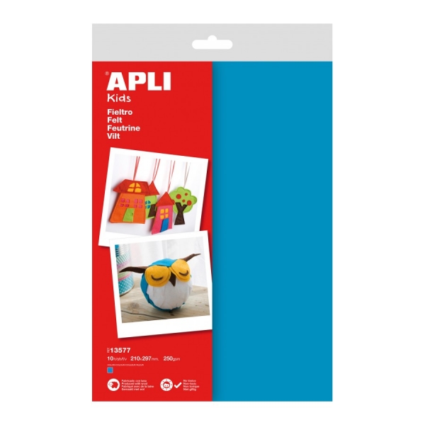 Apli Pack de 10 Hojas de Fieltro A4 - 40% Lana Natural - Grosor 250gr - Resistente y Suave - Facil de Marcar, Cortar y Pegar - Color Azul