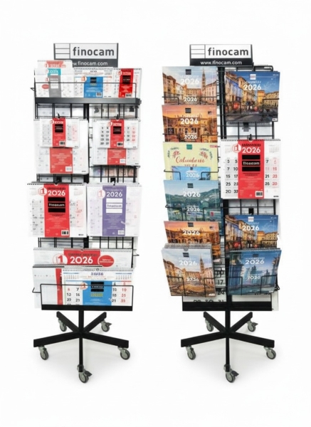 Finocam Expositor de Pie con 248 Calendarios Surtidos en Catalan - Anual 2026 - Estructura Metalica - Formato 5 Ruedas - Color Surtidos