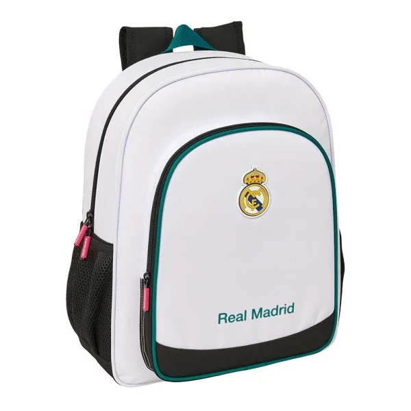Safta Real Madrid Equipacion 26/27 Mochila - 15L - Adaptable a Carro - Bolsillo Frontal - Portabotellas - Cremallera - Doble Tirador - Asa de Mano - Espalda Acolchada - 32x38x12cm - Color Blanco y Negro