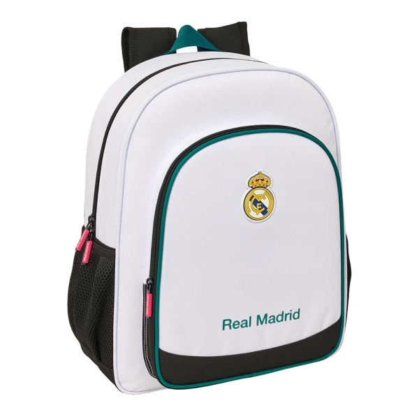 Safta Real Madrid Equipacion 26/27 Mochila - 15L - Adaptable a Carro - Bolsillo Frontal - Portabotellas - Cremallera - Doble Tirador - Asa de Mano - Espalda Acolchada - 32x38x12cm - Color Blanco y Negro
