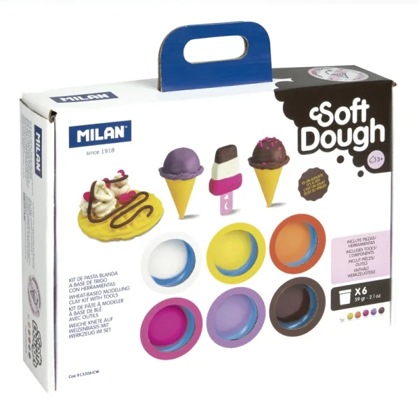 Milan Soft Dough Pack de 6 Botes de Pasta Blanda - Maletin con Herramientas - 59g por Unidad - 100% Vegetal - Moldeable - Sin Residuos - Colores Mezclables - Tematica Heladeria