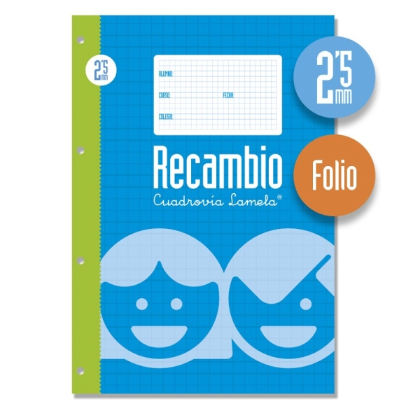 Lamela Recambio para Anillas con 100 Hojas de 70g/m2 con Margen - Formato Folio - Pauta Cuadrovia de 2.5mm - Papel Offset Blanco Extra - Color Azul