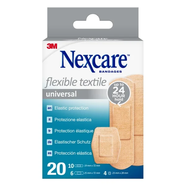 Nexcare Universal Flexible Textile Pack de 20 Apositos Surtidos - Transpirable - Elastico - Color Piel