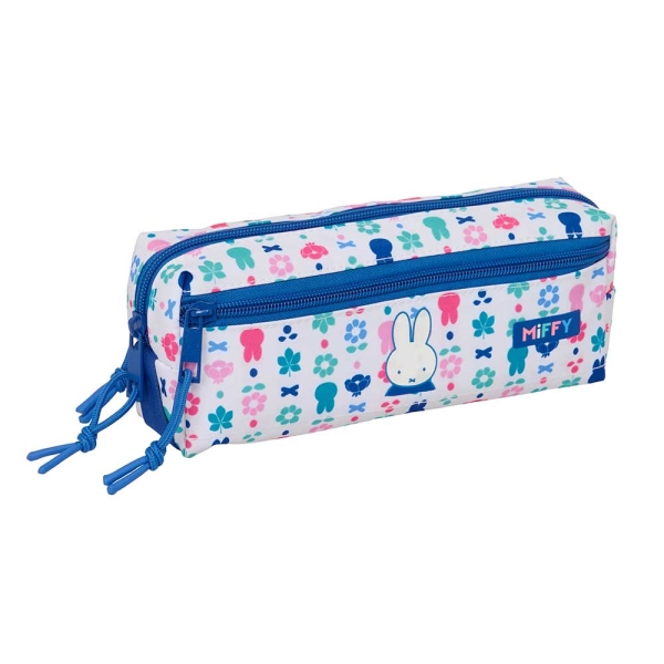 Safta Miffy Bunny Portatodo - 3 Compartimentos con Cremallera - Goma Elastica - Compacto - 22x8.5x6cm - Color Blanco y Azul
