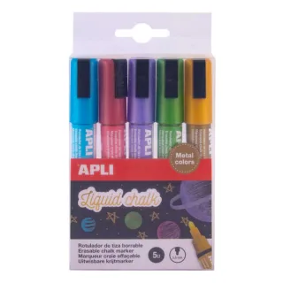 Apli Pack de 5 Rotuladores de Tiza Liquida - Punta Redonda de 5.5mm - Facil de Borrar - Secado Rapido - Base Agua Libre de Toxicos - Colores Metalizados Surtidos