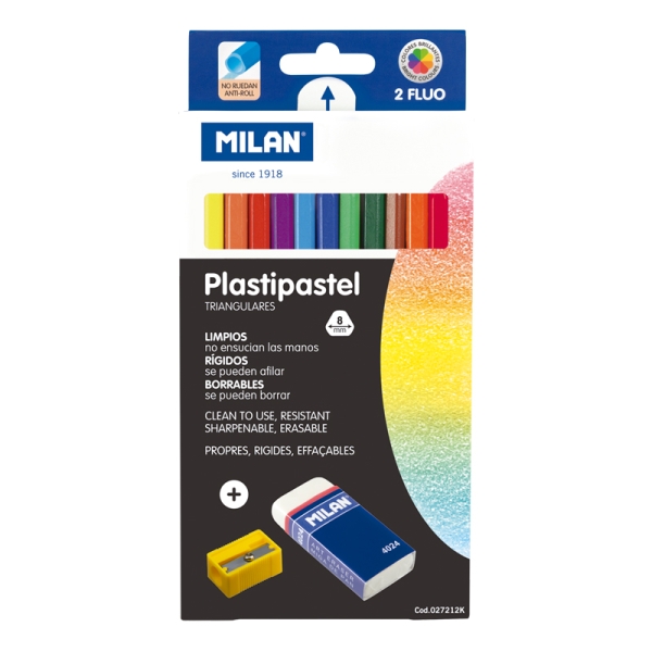 Milan Plastipastel Pack de 12 Ceras de Colores Triangulares - Incluye Goma y Sacapuntas - Bandeja Interior - Colores Surtidos