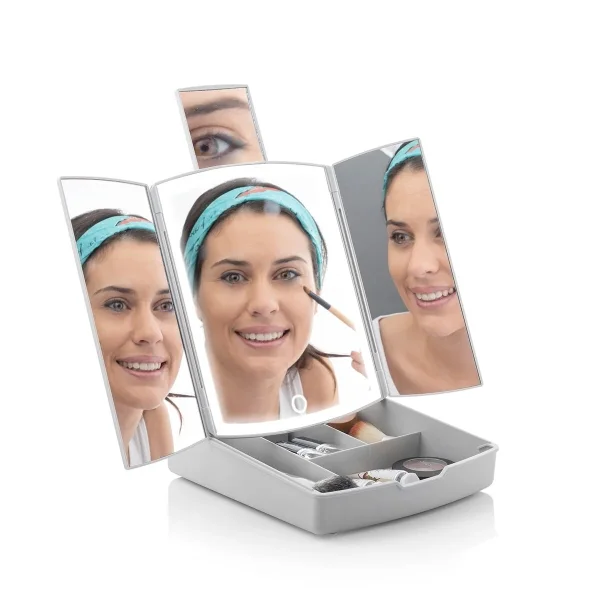 Innovagoods Panomir Espejo con Organizador de Maquillaje 3 en 1 - Inalambrico - Luz LED - 4 Compartimentos - Plegable - Pies Antideslizantes - 38.5x33.5x29cm - Color Gris