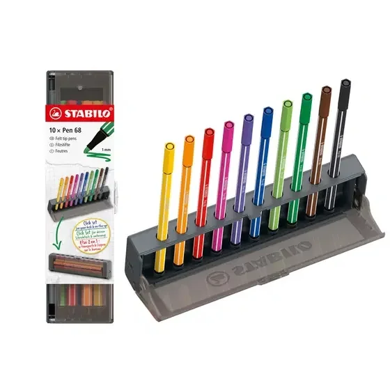 Stabilo Pen 68 Set de Mesa con 10 Rotuladores de Punta de Fibra - Trazo de 1mm aprox. - Tinta con Base de Agua - Colores Surtidos