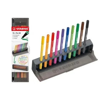 Stabilo Pen 68 Set de Mesa con 10 Rotuladores de Punta de Fibra - Trazo de 1mm aprox. - Tinta con Base de Agua - Colores Surtidos