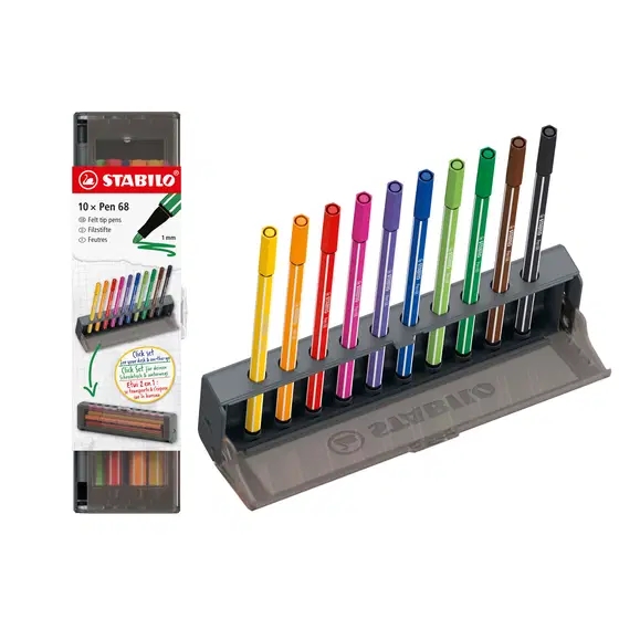 Stabilo Pen 68 Set de Mesa con 10 Rotuladores de Punta de Fibra - Trazo de 1mm aprox. - Tinta con Base de Agua - Colores Surtidos