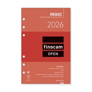 Finocam R593C Recambio Anual 2026 para Agendas Open 2026 en Catalan - Formato 500 - 117x6x181mm - Semana Vista Horizontal - Color Blanco
