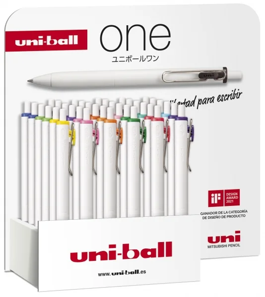 Uni-ball ONE UMN-S-07 Expositor de 36 Boligrafos de Tinta - Punta de Bola 0.7mm - Escritura Ultra Fluida - Agarre Suave y Comodo - Color Surtido · Pack de 36 uds.