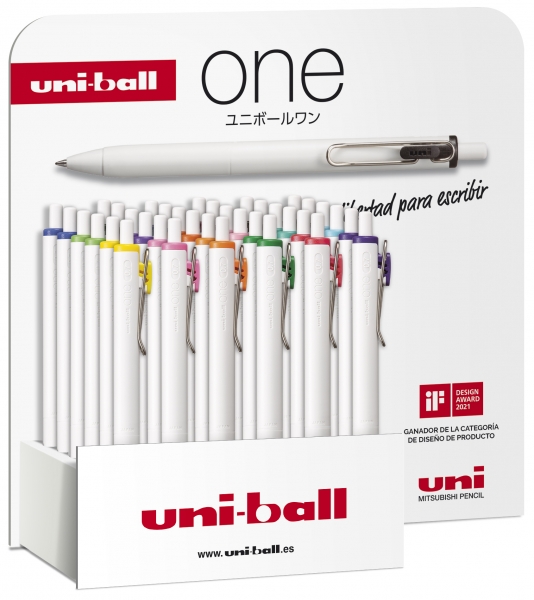 Uni-ball ONE UMN-S-07 Expositor de 36 Boligrafos de Tinta - Punta de Bola 0.7mm - Escritura Ultra Fluida - Agarre Suave y Comodo - Color Surtido · Pack de 36 uds.