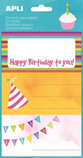 Apli Etiquetas Adhesivas Happy Birthday - Tamaño 76x39mm - 9 Etiquetas en 3 Hojas - Adhesivo Permanente de Alta Calidad - Ideal para Marcar e Identificar Regalos - Diseño Alegre y Colorido ·