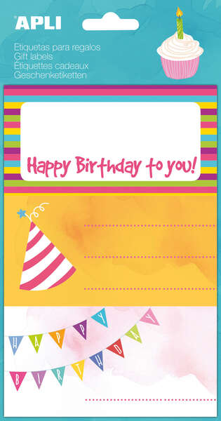 Apli Etiquetas Adhesivas Happy Birthday - Tamaño 76x39mm - 9 Etiquetas en 3 Hojas - Adhesivo Permanente de Alta Calidad - Ideal para Marcar e Identificar Regalos - Diseño Alegre y Colorido ·