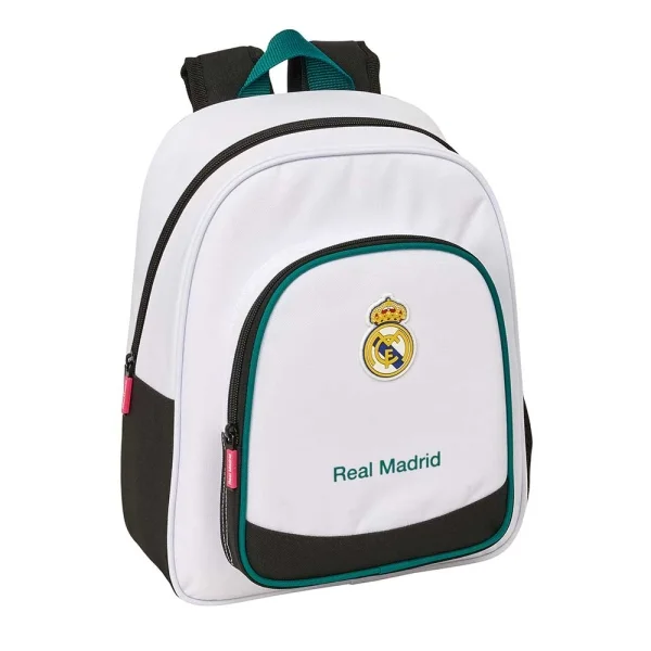 Safta Real Madrid Equipacion 26/27 Mochila Infantil - Portabotellas - Bolsillo Frontal - Asa de Mano - Adaptable a Carro - Hombreras Acolchadas - 28x34x10cm - Color Blanco y Negro