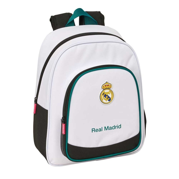 Safta Real Madrid Equipacion 26/27 Mochila Infantil - Portabotellas - Bolsillo Frontal - Asa de Mano - Adaptable a Carro - Hombreras Acolchadas - 28x34x10cm - Color Blanco y Negro