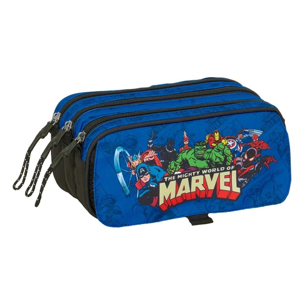 Safta Avengers Portatodo - 3 Compartimentos con Cremalleras - Bolsillo Frontal - Cinta Adaptable - 1.72L - 215x80x100mm - Color Azul Oscuro