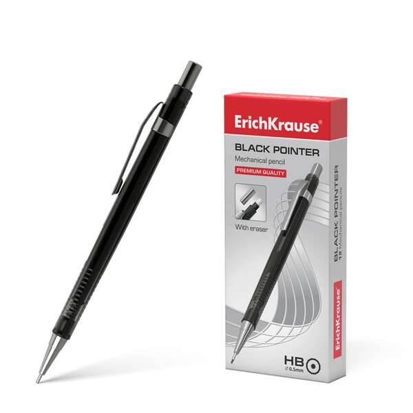 Erichkrause Portaminas Black Pointer 05 mm - Estilo Clasico con Detalles de Metal - Boquilla Retractil - Dureza HB - Minas de 05 mm - Color Negro · Pack de 12 uds.