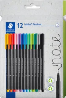 Staedtler Triplus Fineliner 334 Pack de 12 Rotuladores de Punta Fina - Trazo de 0.3mm aprox. - Tinta Antisecado a Base de Agua - Carcasa Fabricada en un 97% de Plastico Reciclado - Colores S