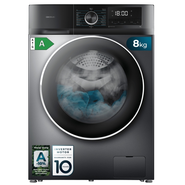 Cecotec Bolero DressCode 8500 Inverter Steel A Lavadora de Carga Frontal - Capacidad 8kg - Velocidad 1400rpm - Seguro Infantil - Display LED - Motor Inverter - Inicio Programable - Color Gri