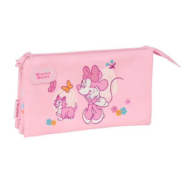 Safta Minnie Mouse Baby Portatodo - 3 Compartimentos con Cremalleras - Bolsillo Interior - 0.6L - 220x30x120mm - Color Rosa