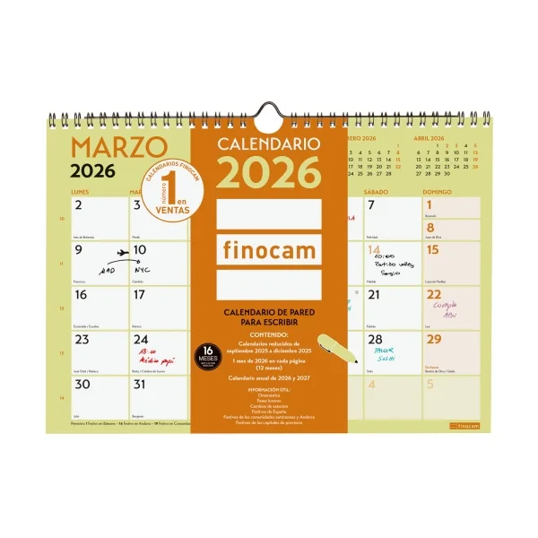 Finocam Grafik Calendario de Pared - Anual 2026 - 297x10x212mm - Espacio para Escribir - Color Surtidos