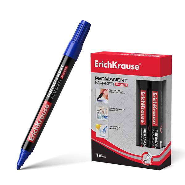 Erichkrause Marcador Permanente P-200 - Punta en Forma de Bala - Resistente al Agua y a los Rayos UV - Color Azul · Pack de 12 uds.