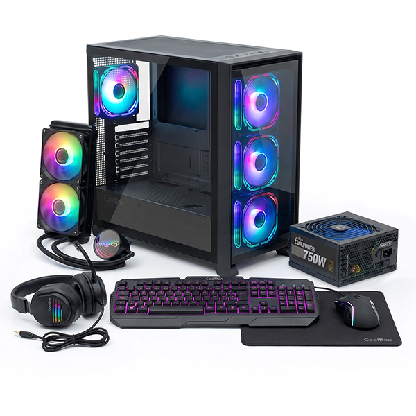 Coolbox COO-PACK-GMNG Pack Gaming Caja GE2000 + Refrigeración Liquida Infinite Liquid240 ARGB + Fuente CoolPower 750W + Kit Gaming XWing-2ares Jack 3.5mm + Alfombrilla - Iluminacion LED en 3 colores - Color Negro