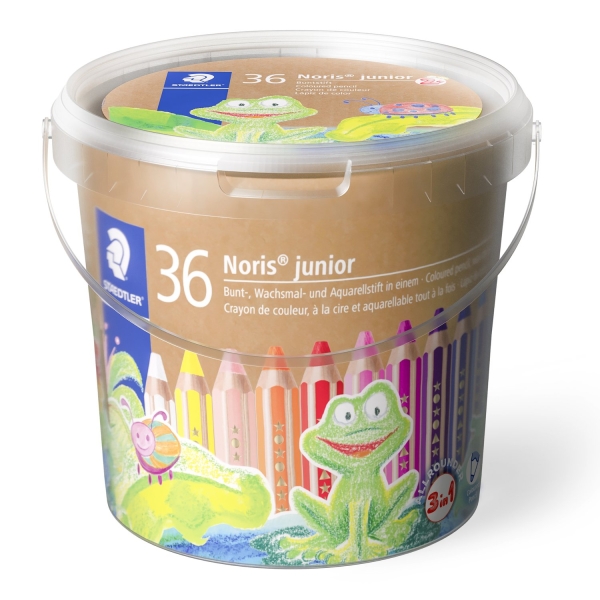 Staedtler Noris Junior Bote con 36 Lapices de Colores Extragruesos + 3 Sacapuntas + Pincel - 3 en 1, Lapiz, Cera y Acuarelable - Colores Surtidos