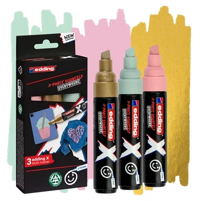 Edding X 6900 Pastel Pack de 3 Rotuladores Multisuperficie Permanentes de Tinta Opaca - Punta Biselada con Trazo 2-10mm - Color Oro, Verde Menta y Rosa Pastel