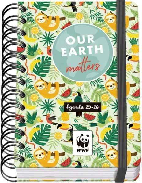 Dohe WWF Tropic Agenda Escolar 25/26 Espiral Wire’o A6 - Dia Pagina - Papel 80g/m2 - 4 Hojas de Pegatinas - Cubierta de Carton Plastificado - Cierre con Goma Elastica