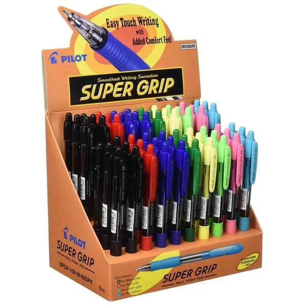 Pilot Expositor de 60 Boligrafos de Bola Retractiles SuperGrip - Punta Redonda 1.0mm - Trazo 0.27mm - Tinta de Aceite - Grip Ergonomico - Colores Surtidos