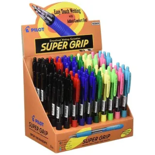 Pilot Expositor de 60 Boligrafos de Bola Retractiles SuperGrip - Punta Redonda 1.0mm - Trazo 0.27mm - Tinta de Aceite - Grip Ergonomico - Colores Surtidos
