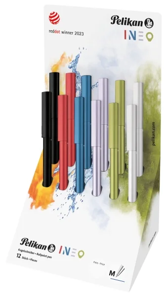 Pelikan Ineo Expositor con 12 Boligrafos Retractiles - Trazo de 1mm - Mecanismo de Giro - Recambio 337M Azul - Aluminio Anodizado Satinado - Colores Surtidos