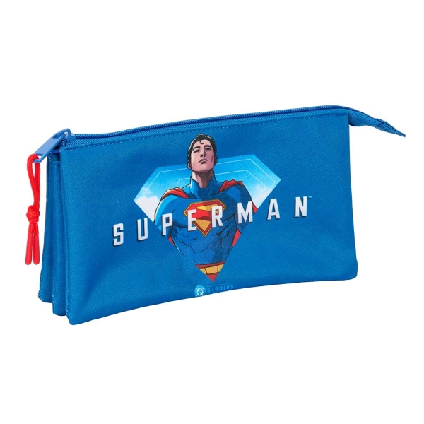 Safta Superman Portatodo - 3 Compartimentos con Cremalleras - Bolsillo Interior - 0.6L - 220x30x120mm - Color Azul Oscuro