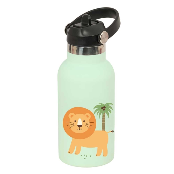 Safta Leon Botella Isotermica Infantil - Capacidad 350ml - Tapon Roscado con Valvula - Base de Silicona - Asa Superior - Acero Inoxidable - 12h Caliente - 24h Frio - 19.5x7.3cm - Color Menta