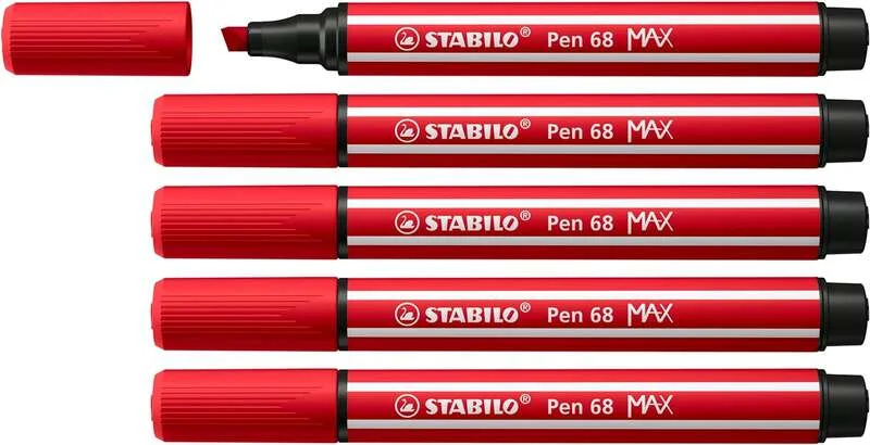 Stabilo Pen 68 MAX Rotulador - Punta de Fibra Biselada - Trazo entre 1-5mm aprox. - Tinta a Base de Agua - Color Rojo Carmin · Pack de 5 uds.