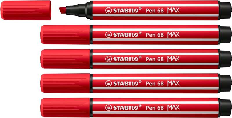 Stabilo Pen 68 MAX Rotulador - Punta de Fibra Biselada - Trazo entre 1-5mm aprox. - Tinta a Base de Agua - Color Rojo Carmin · Pack de 5 uds.